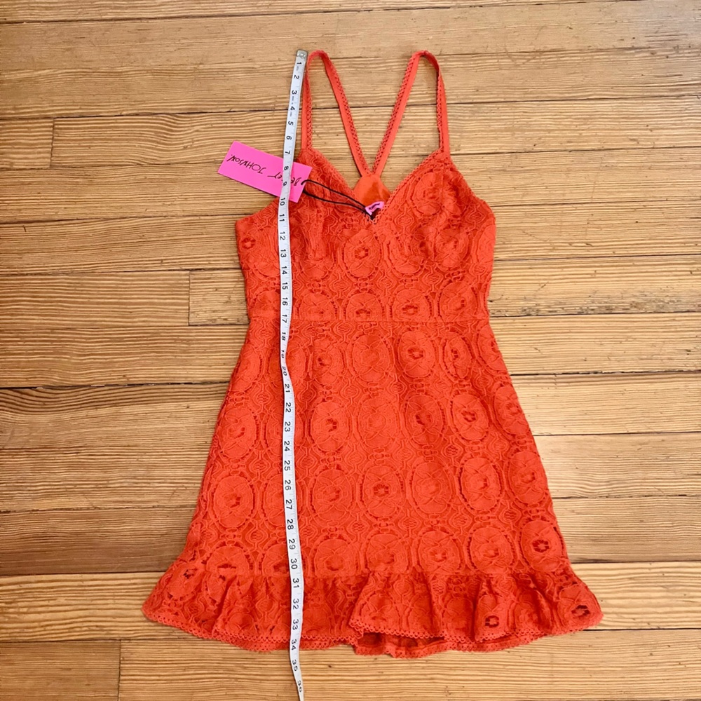 NWT Betsey Johnson Crochet Lace Ruffle Hem Mini Dress in Spicy Orange Sz S. - Picture 7 of 13